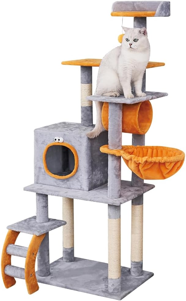 Torre rascador gris para gatos con varios niveles