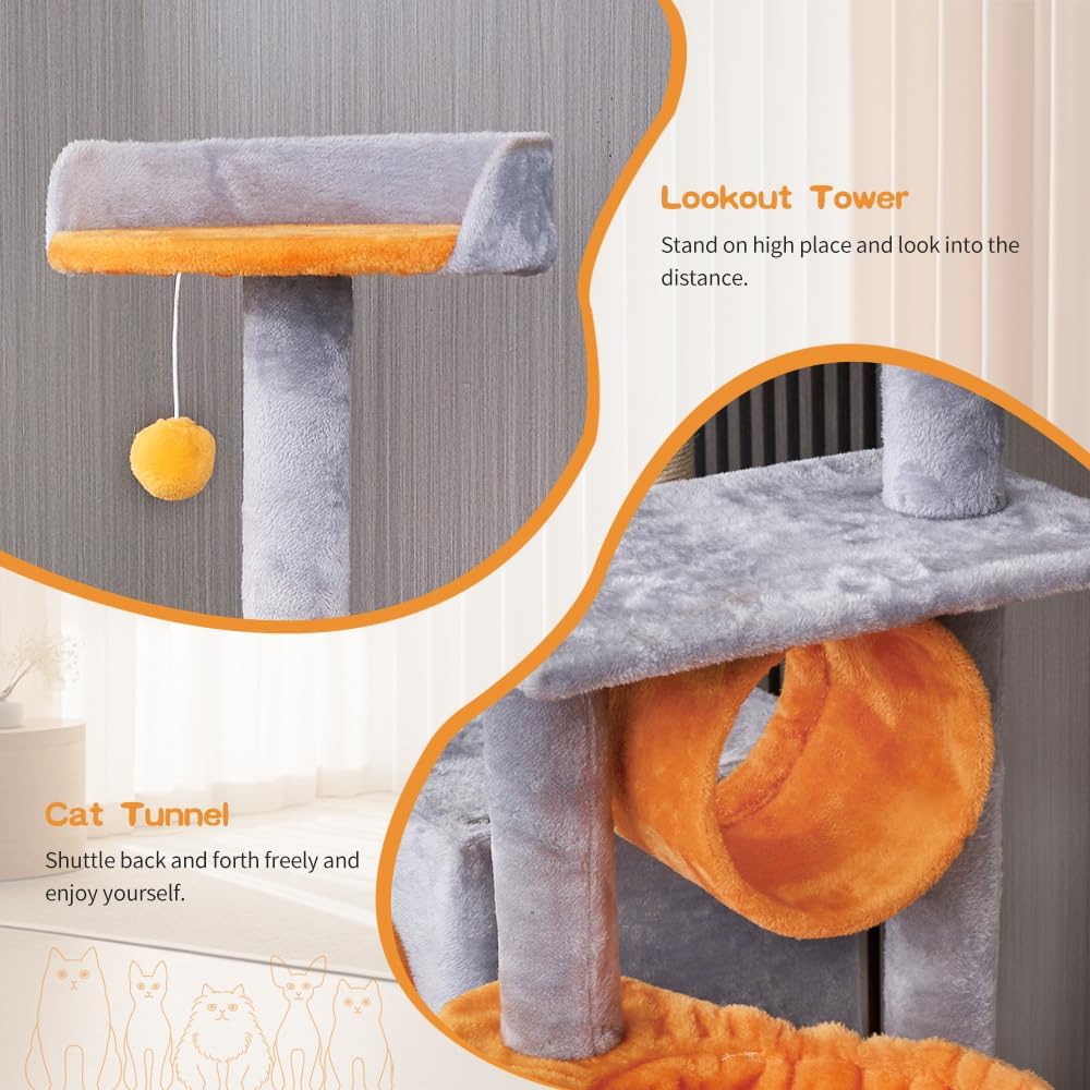 Torre rascador gris para gatos con varios niveles