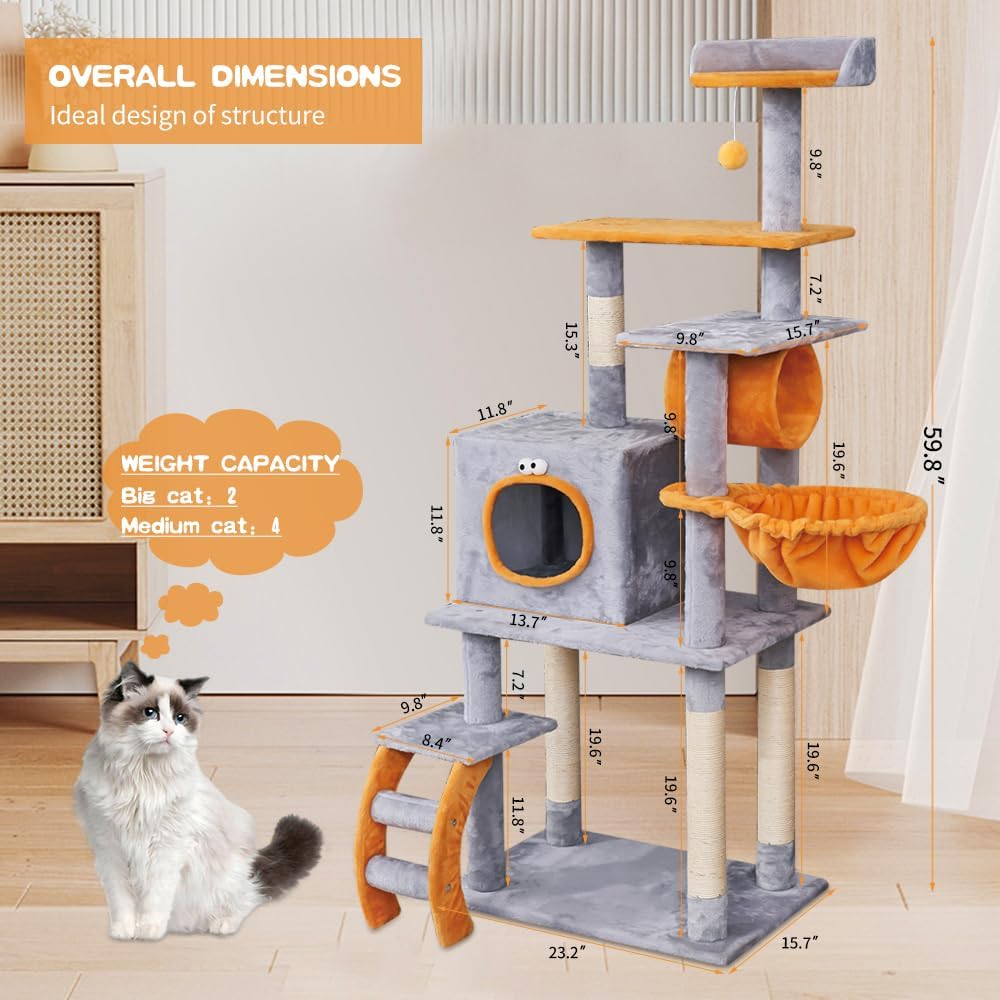 Torre rascador gris para gatos con varios niveles