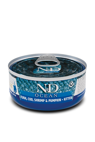 Comida para Gato Farmina: N&D, Lata Ocean Tuna, Bacalao, Camarón y Calabaza Kitten 70gr