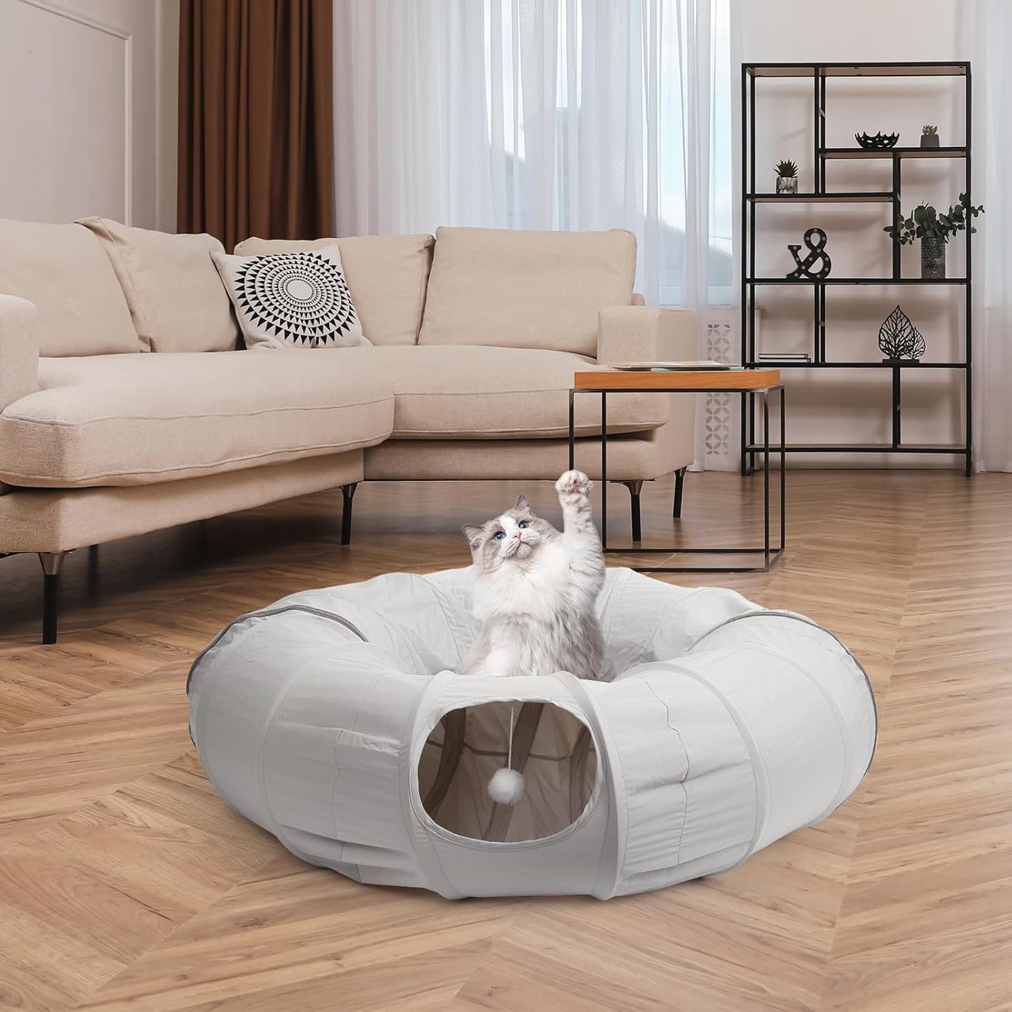 Túnel plegable redondo para gato con cama