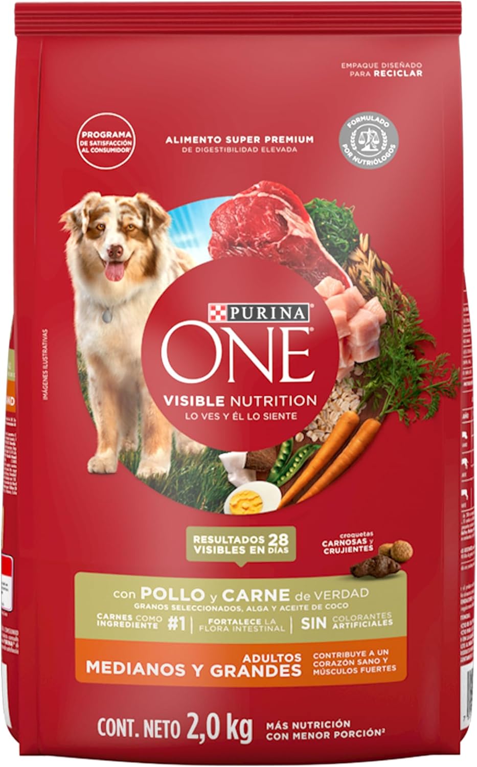 Comida para Perro Purina: Purina One, Adultos medianos y grandes, pollo y carne, 2kg