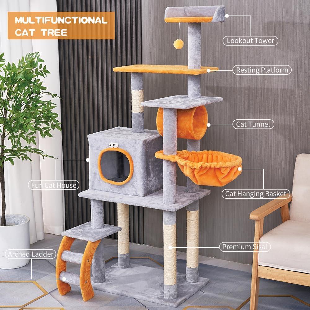 Torre rascador gris para gatos con varios niveles