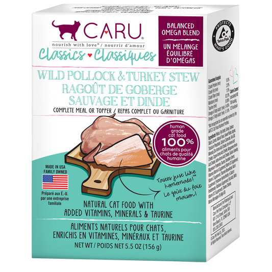 Snacks para Gato Caru: Estofado de abadejo salvaje y pavo 156GR