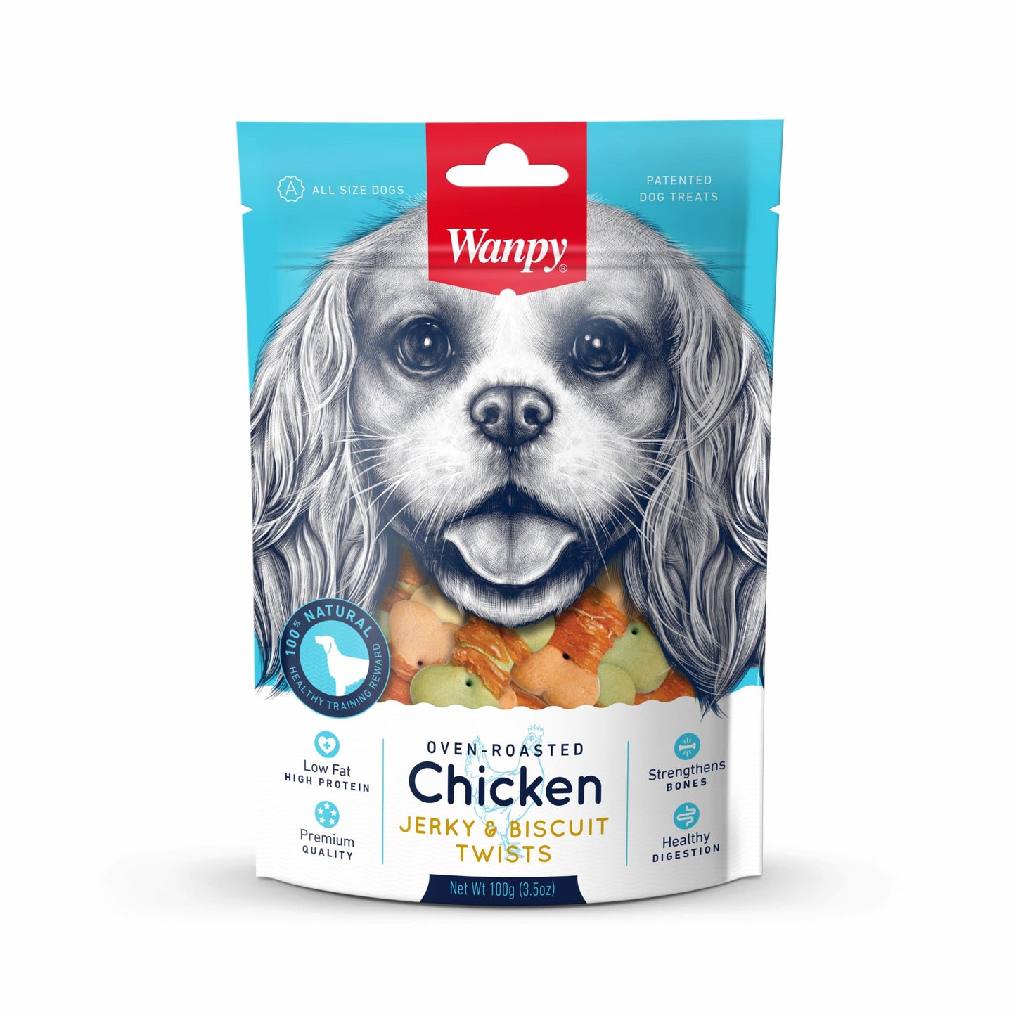 Snacks para Perro Wanpy: Oven Roasted Chicken Jerky & Biscuit Twists 100g