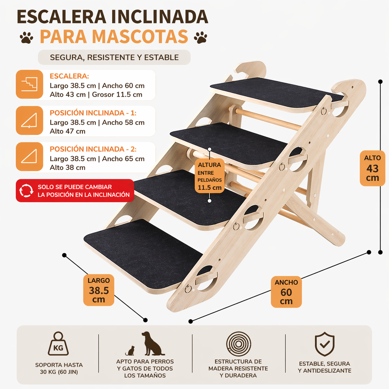 Escalera/Rampa de madera para mascotas pequeñas hasta 30KG (60lbs)