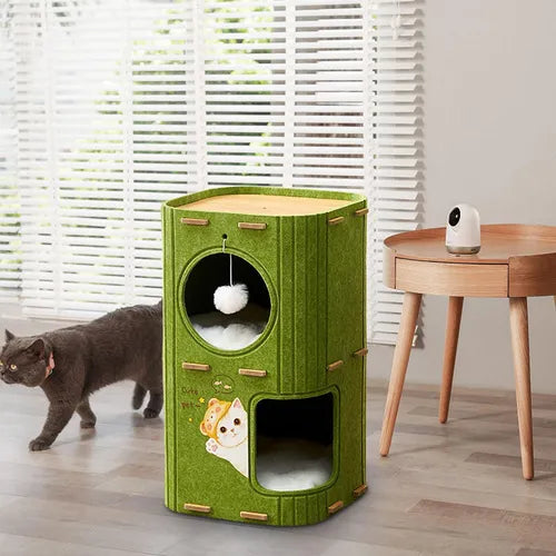 Torre de dos niveles tipo árbol para gatos cerrada 60cm alto