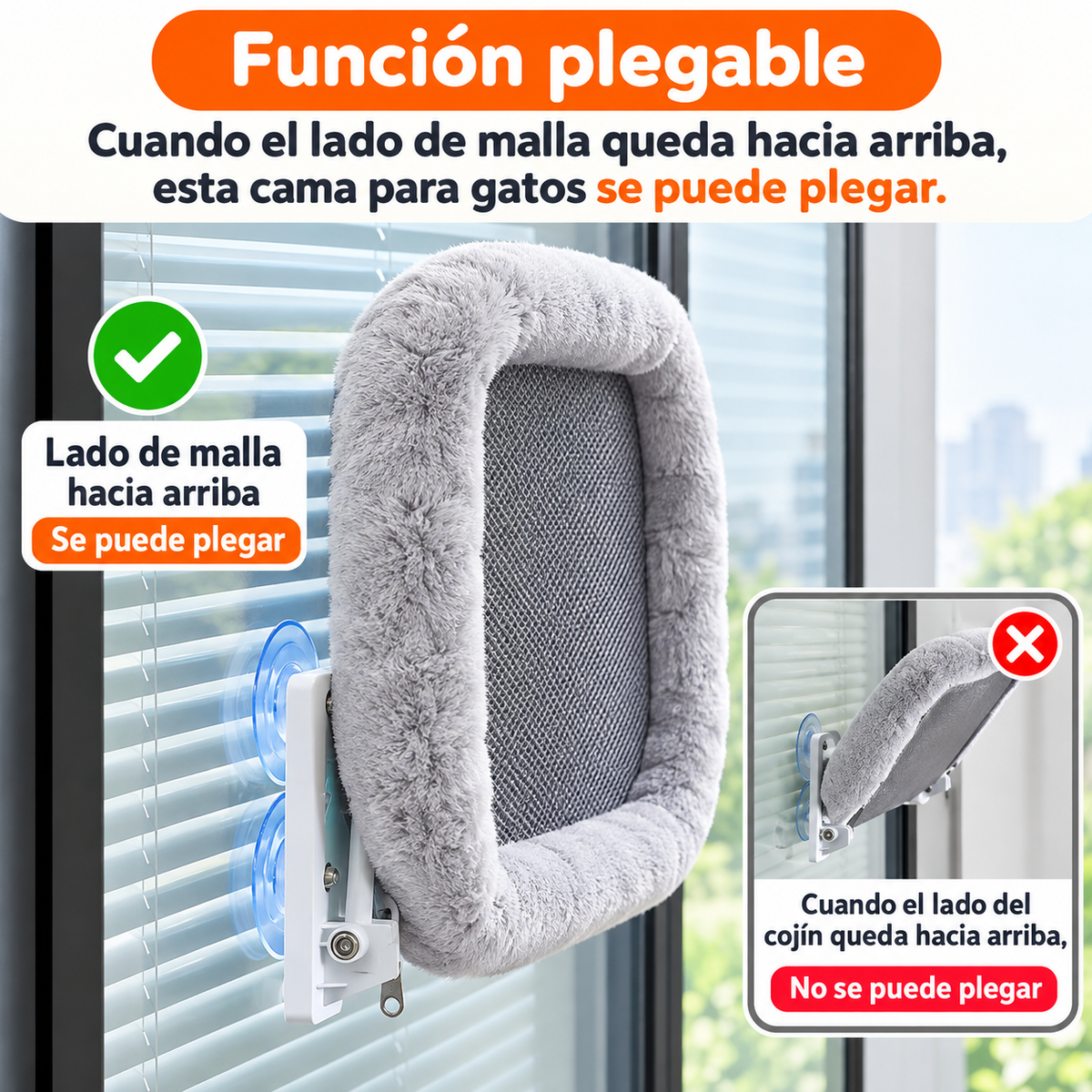 Hamaca de ventana afelpada plegable para gatos (soporta hasta 20kg)