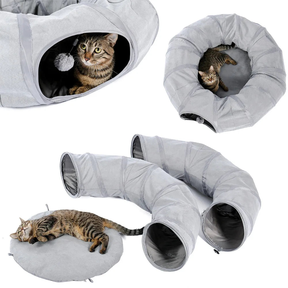 Túnel plegable redondo para gato con cama