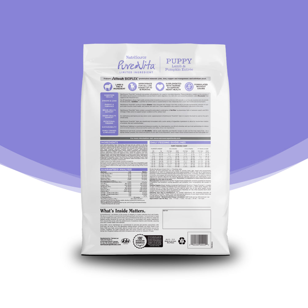 Comida para Perro Nutri Source: Pure Vita, cachorro, cordero y calabaza libre de grano 4lb