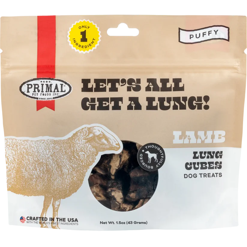 Snacks para Perro Primal: Pulmón deshidratados, receta de cordero 43gr
