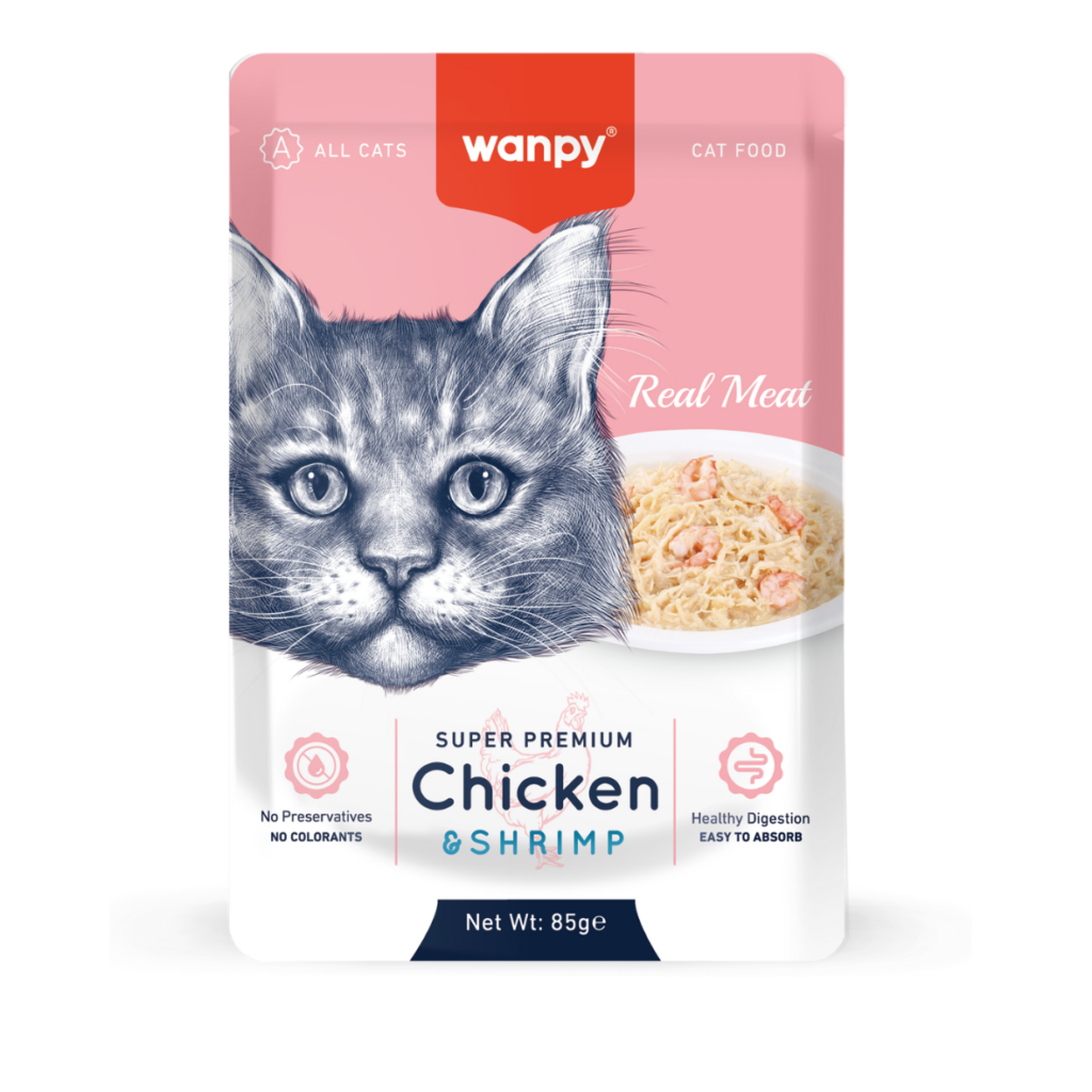 Comida húmeda para Gato Wanpy: Super Premiun Filetes Pollo & Camarón 85gr