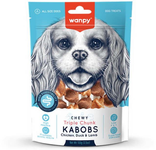 Snacks para Perro Wanpy: Chicken, duck and lamb Kabobs triple 100g