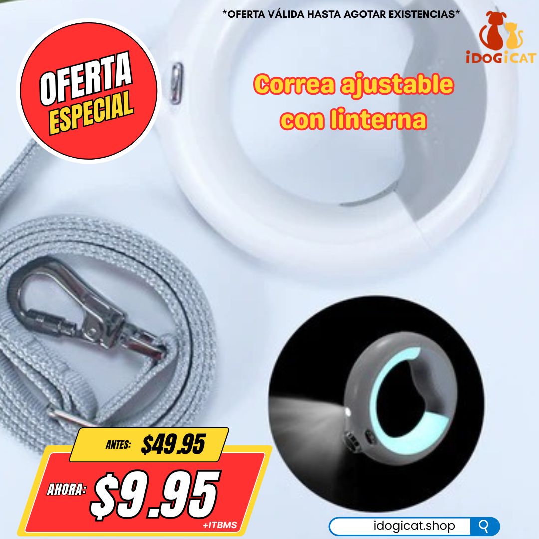 Correa de nailon ajustable con linterna para perro (2 metros)
