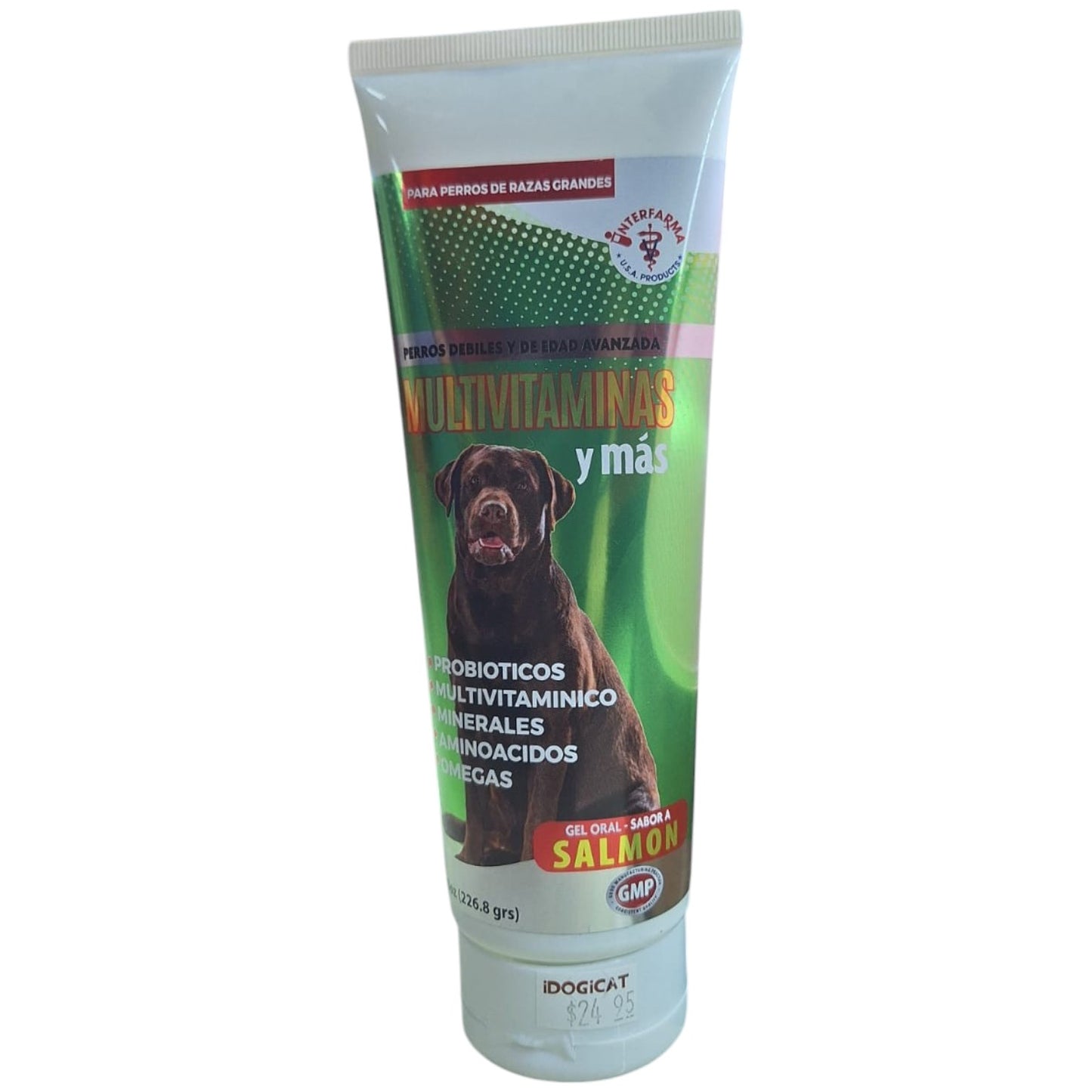 Suplemento Multivitaminas y mas para perros raza de grande Sabor a Salmon, 8oz.