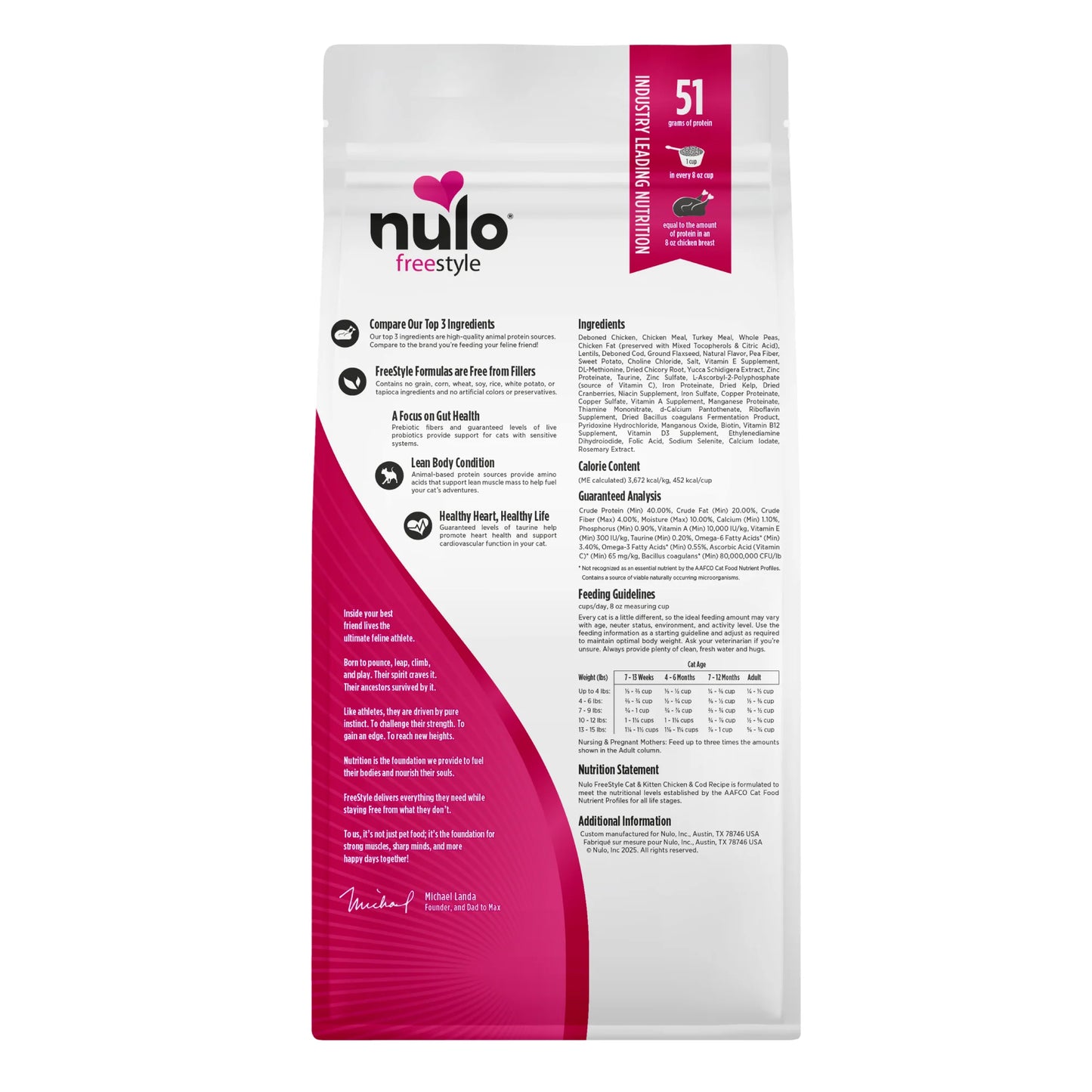 Comida para Gato Nulo: Libre de grano, Adultos y gatitos, Pollo con bacalao, 2lb-5lb