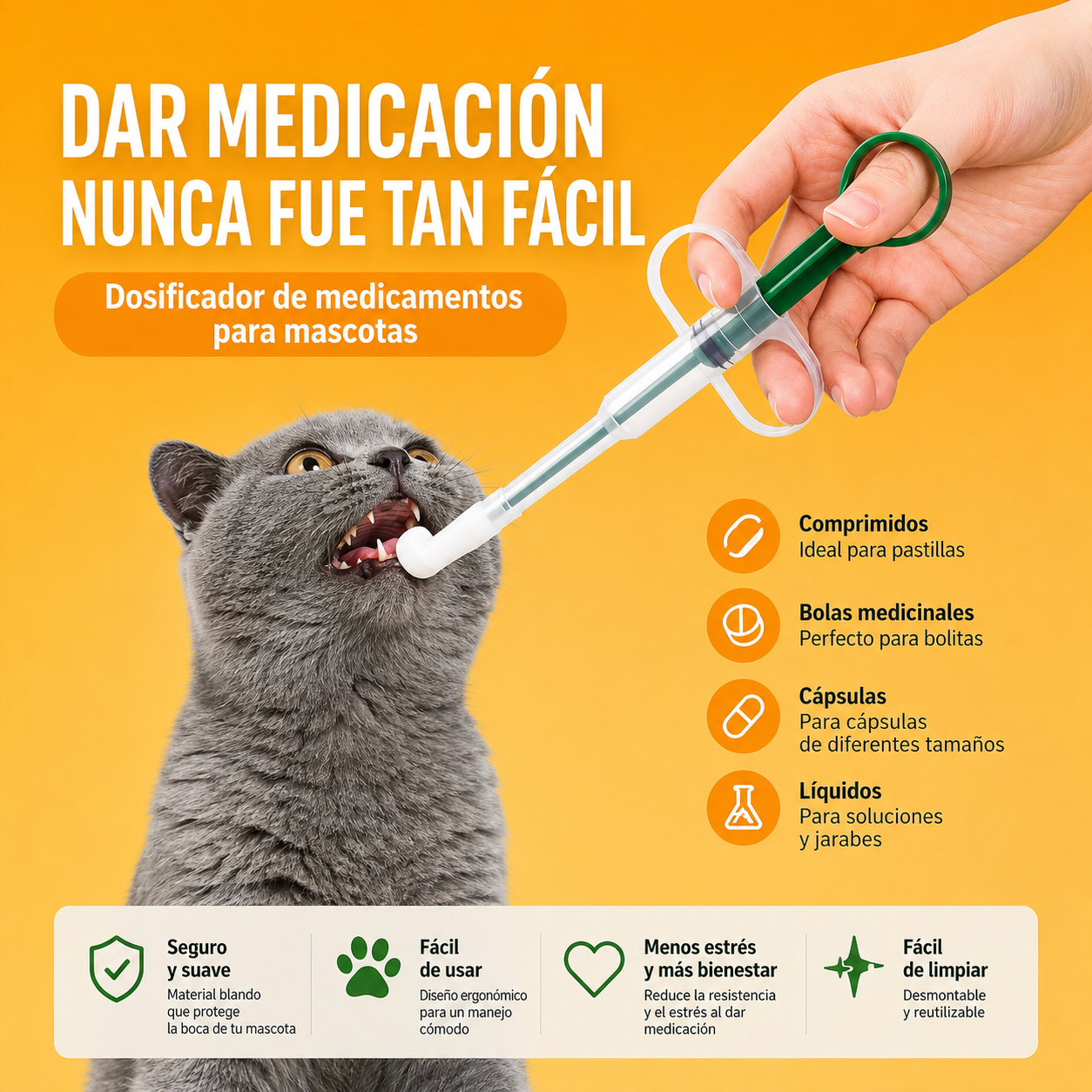 Jeringa de Medicina para Mascotas de Doble Uso con Punta Suave - Dispensador Fácil de Pastillas para Gatos