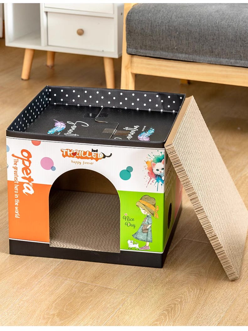 Casa de cartón rascador para gato