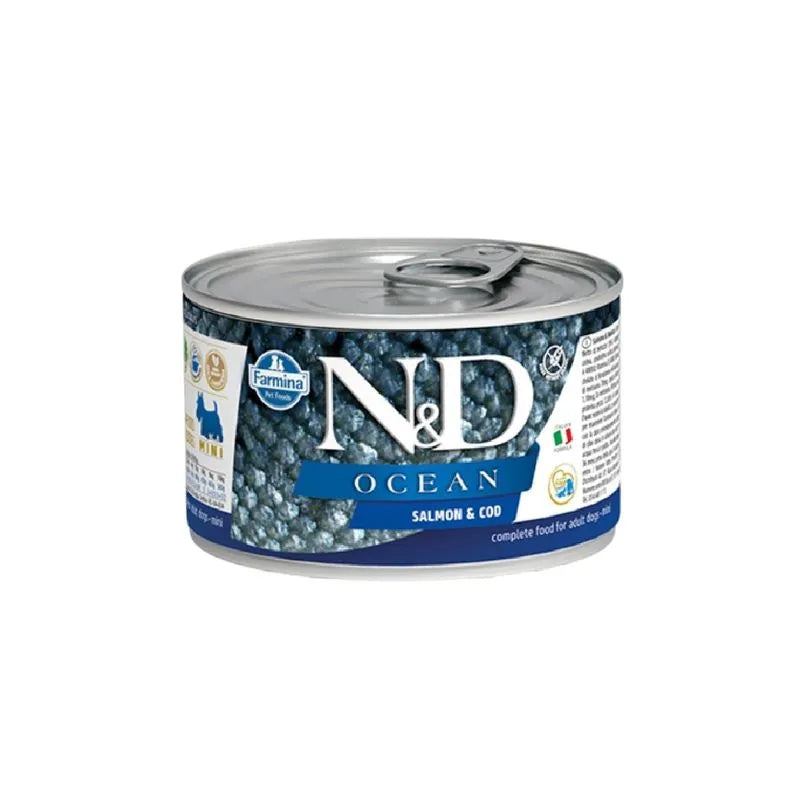 Comida Húmeda  para Perro Farmina: N&D, Lata, Ocean Salmón y Bacalo 140g