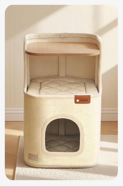 Torre de tres niveles cuadrado para gatos de sisal