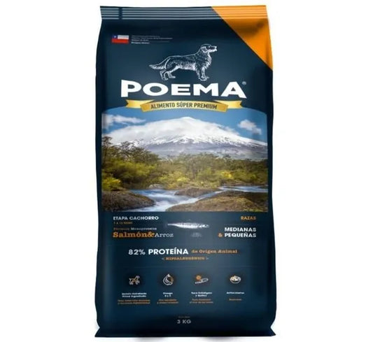 Comida para Perro, Súper Premium Poema: Cachorros 1-12 meses, razas medianas y pequeñas,hipoalergénico, salmón y arroz 3KG.