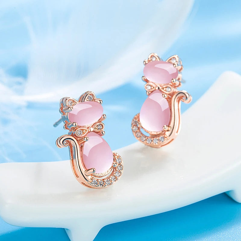 Pendientes de cristal rosa con forma de gato para mujer