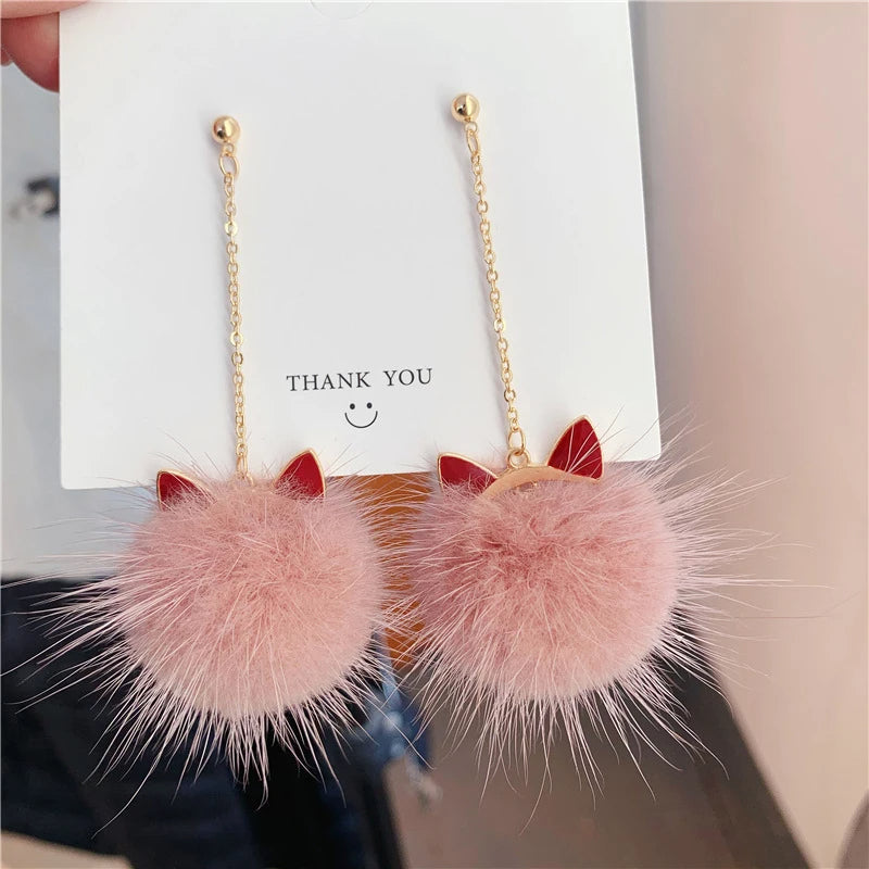 Pendientes largos con diseño de orejas de gato para mujer y niña