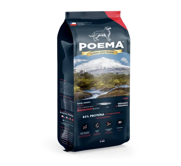 Comida para Perro, Súper premium Poema: adultos razas medianas y pequeñas, salmón y arroz 3KG.