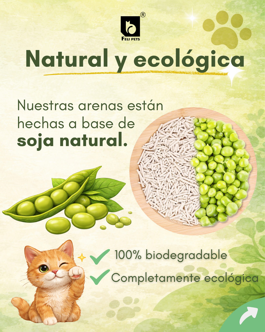 Arena Biodegradable Felipets a base de soja 5KG (TÉ VERDE)