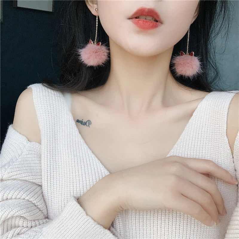 Pendientes largos con diseño de orejas de gato para mujer y niña