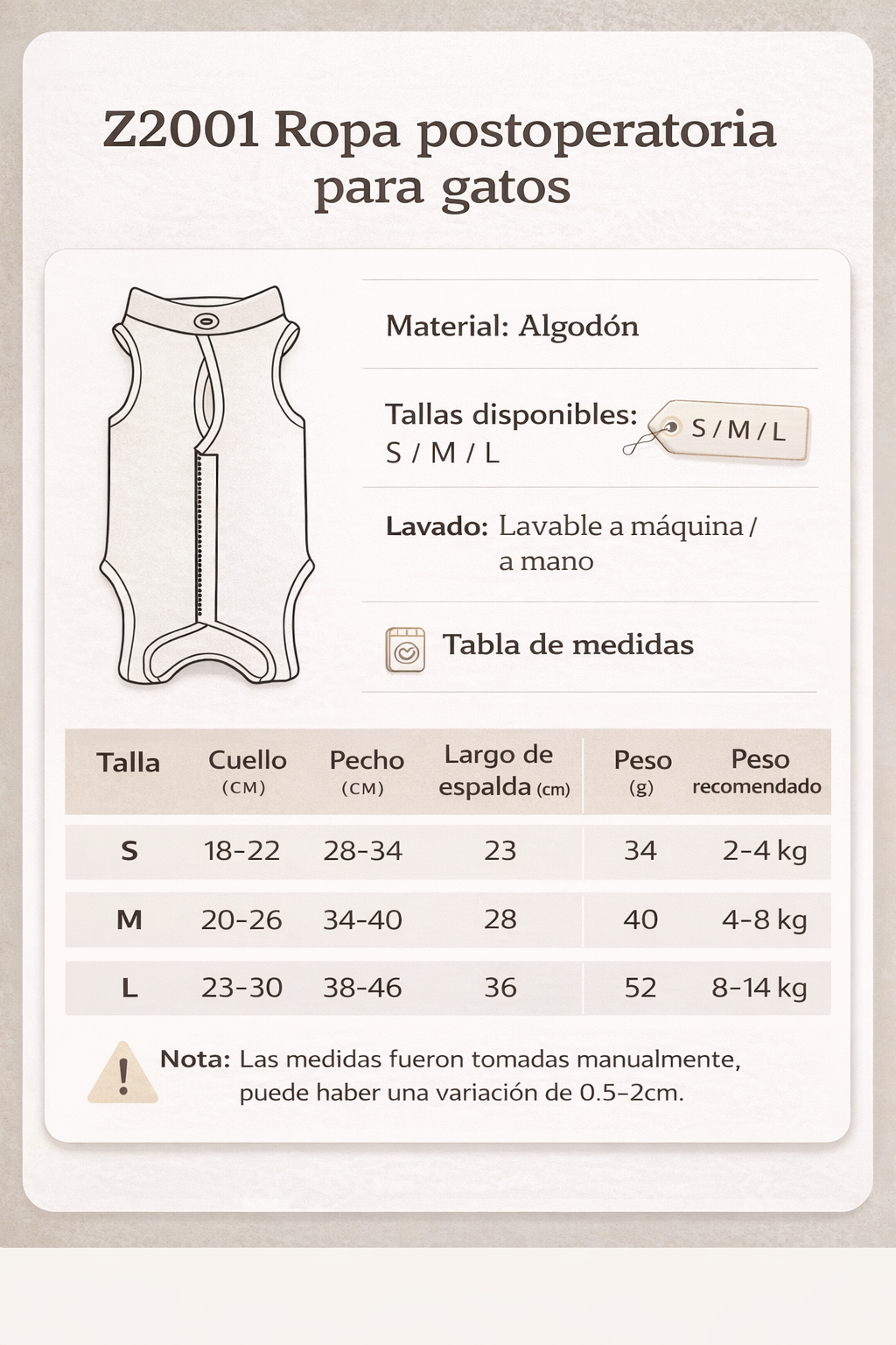Traje postoperatorio para gatos Modelo #T49
