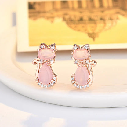 Pendientes de cristal rosa con forma de gato para mujer