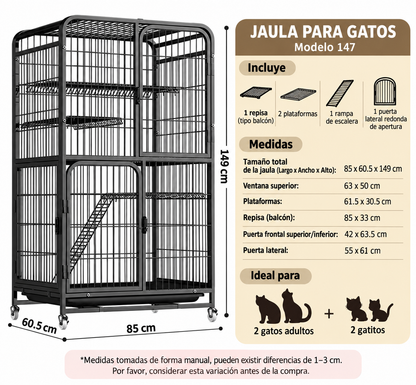 Jaula de 4 niveles para gatos tamaño grande [85 x 60,5 x 149 cm]