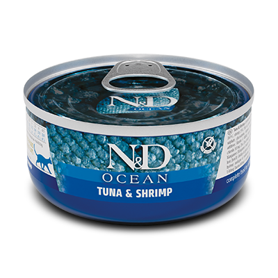Comida Húmeda para Gato Farmina: N&D, Lata ocean Atún y camarón 70g