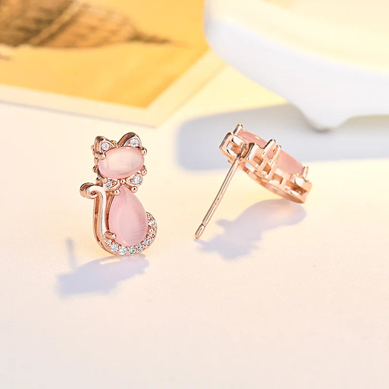 Pendientes de cristal rosa con forma de gato para mujer