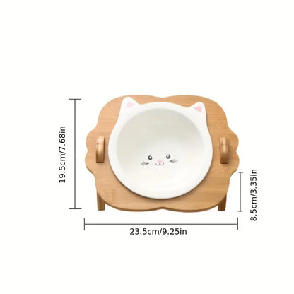 Comedero elevado con Diseño De Gato Individual y Soporte De Madera (Cerámica)