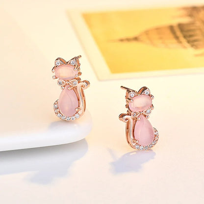 Pendientes de cristal rosa con forma de gato para mujer