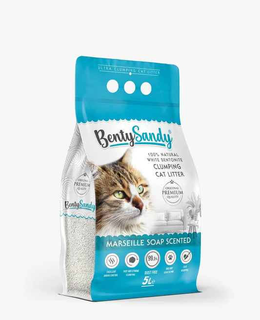 Arena para gatos Bentysandy Ultra absorvente y Ultra aglomerante 100% bentonita con aroma (Jabón de Marsella) 4,35kg/5L