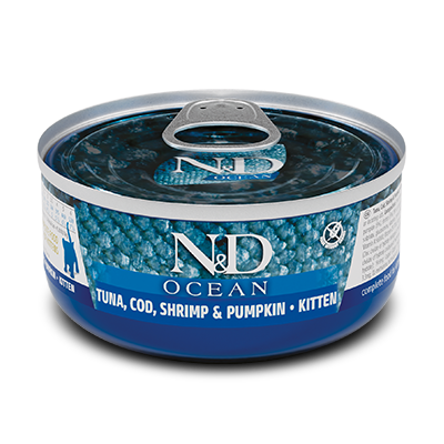 Comida Húmeda para Gato Farmina: N&D, Lata Ocean Tuna, Bacalao, Camarón y Calabaza Kitten 70gr