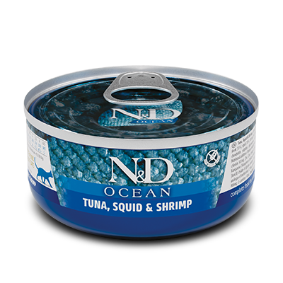 Comida Húmeda para Gato Farmina: N&D, Lata Ocean Atún calamar y camarón 70g