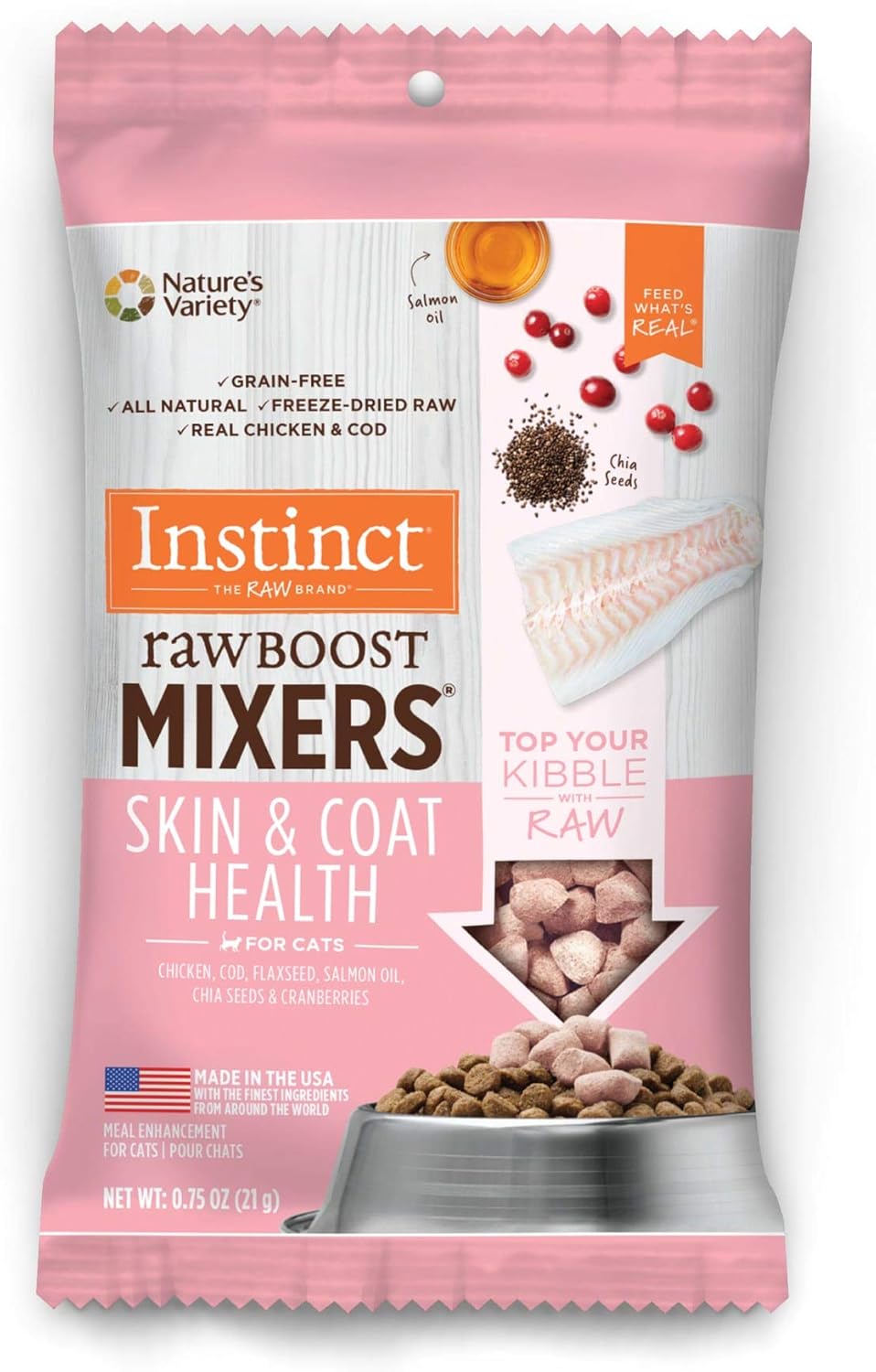 Comida para Gato Instinc: Rawboots, Snack Mixers Skin and Coat 21 gr