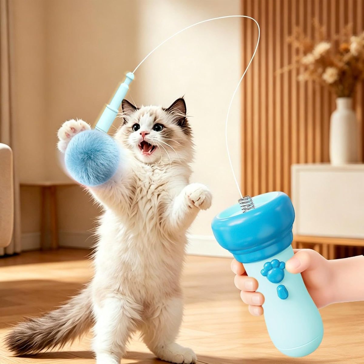 Juguete de gato interactivo de pelota con resorte azul