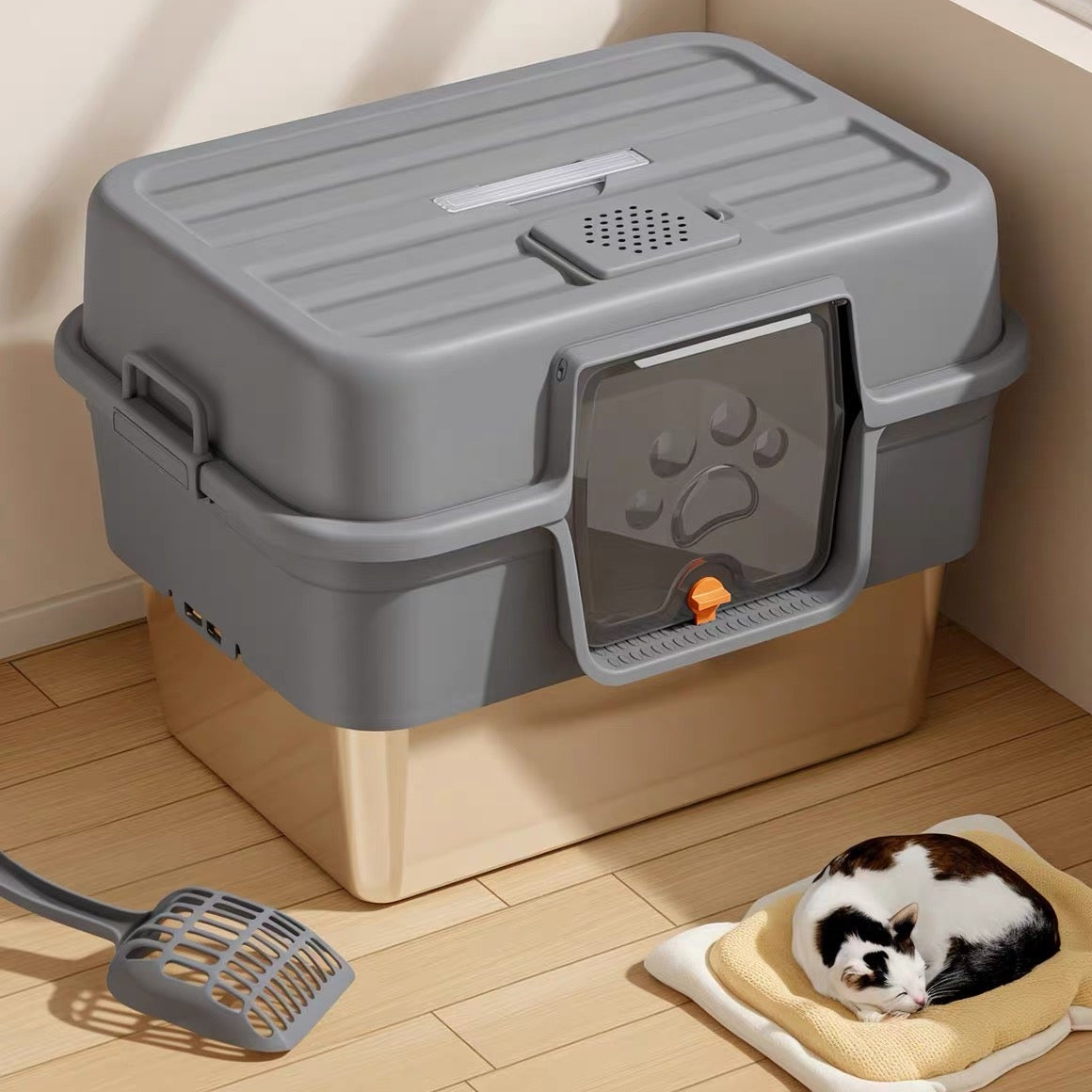 Arenero de acero cerrado para gatos modelo #1339 gris oscuro (Incluye pala)