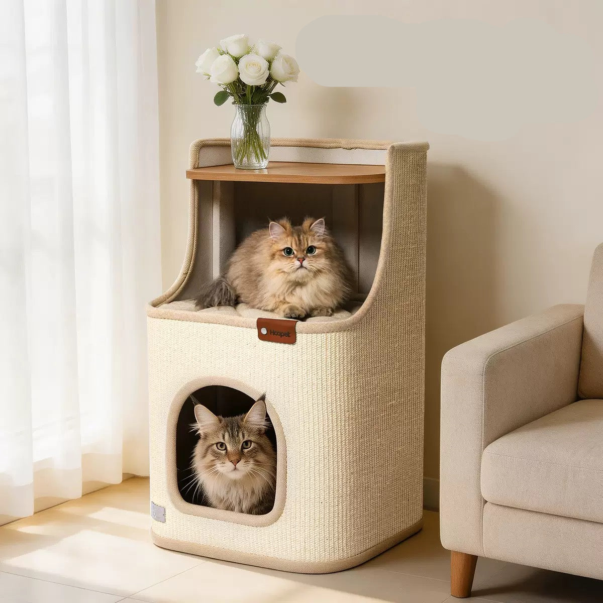 Torre de tres niveles cuadrado para gatos de sisal