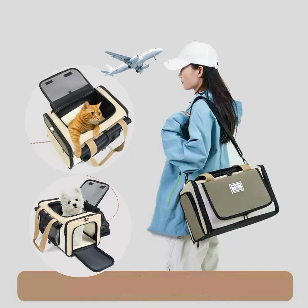 Bolso de viaje expandible para mascotas beige