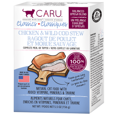 Snacks para Gato Caru: Estofado de pollo y bacalao salvaje 156gr