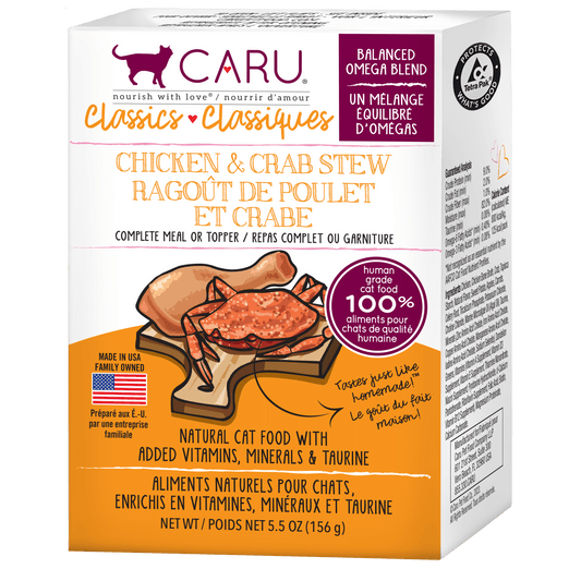 Snacks para Gato Caru: Guiso de pollo y Cangrejo Caru Classics Grain Free con Omega 3 y 6 156gr