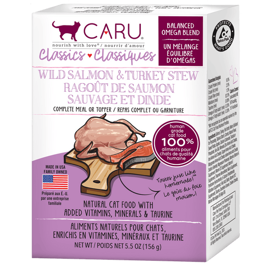 Snacks para Gato Caru: Guiso de Salmón y Pavo Caru Classics Grain Free con Omega 3 y 6 156gr