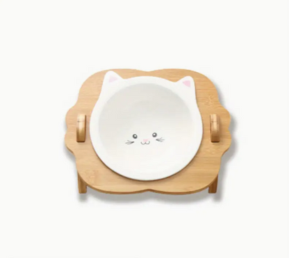 Comedero elevado con Diseño De Gato Individual y Soporte De Madera (Cerámica)