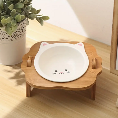 Comedero elevado con Diseño De Gato Individual y Soporte De Madera (Cerámica)